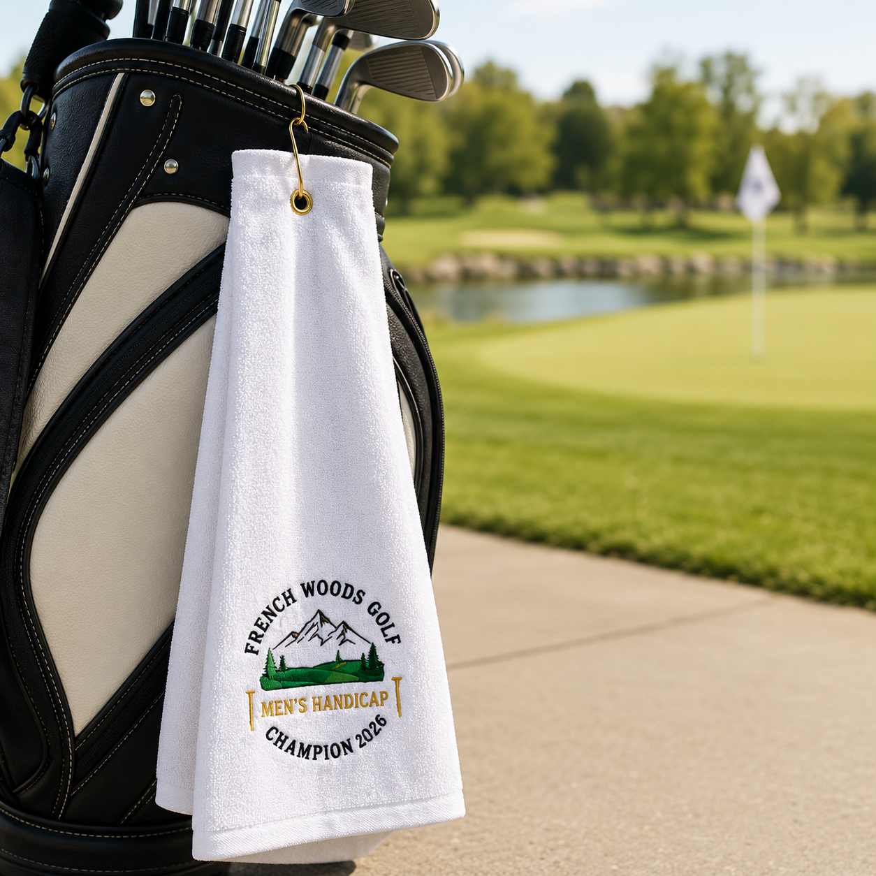 Personalized embroidered golf towel attached to a golf bag, perfect for corporate golf outings, charity tournaments and promotional events.