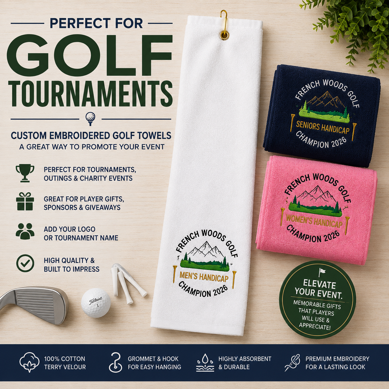 Bulk custom golf towels for golf tournaments, charity outings, corporate events and sponsor giveaways with quantity pricing available.