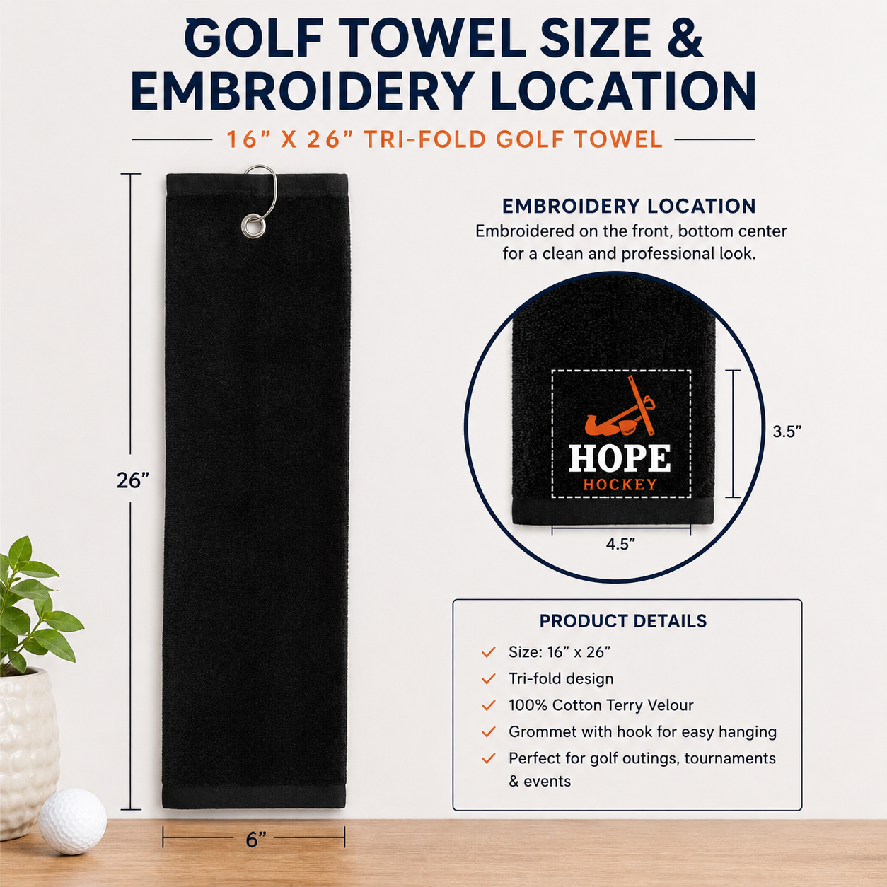 16 x 26 inch waffle weave golf towel showing embroidery placement area for custom business logos and tournament designs.