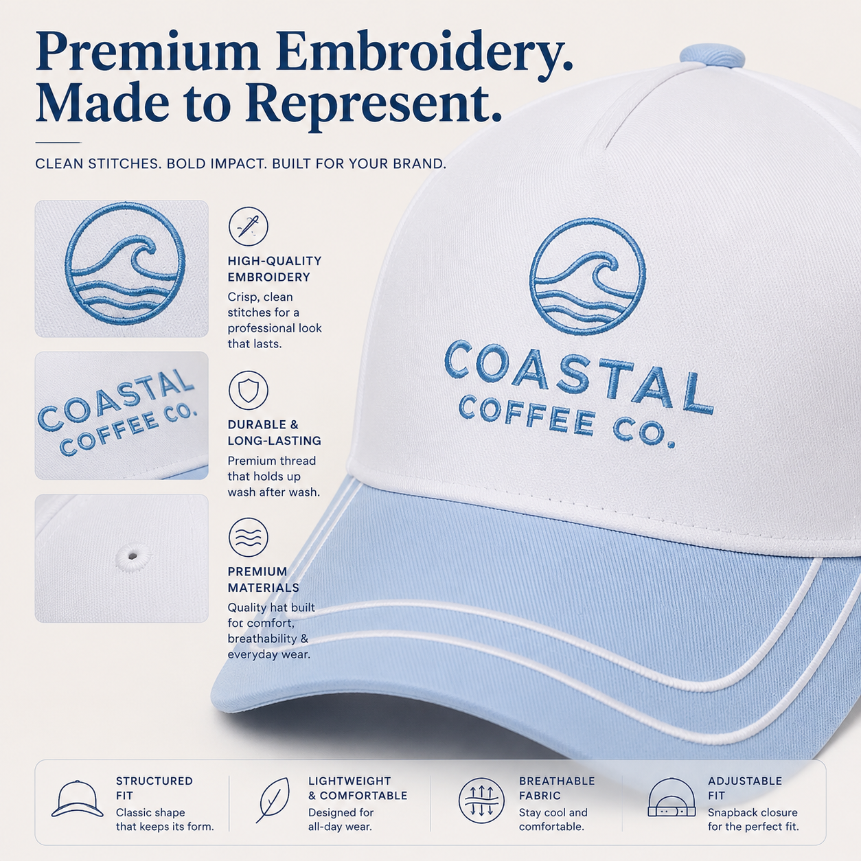 Close-up of premium embroidery stitching on a custom retro performance hat.