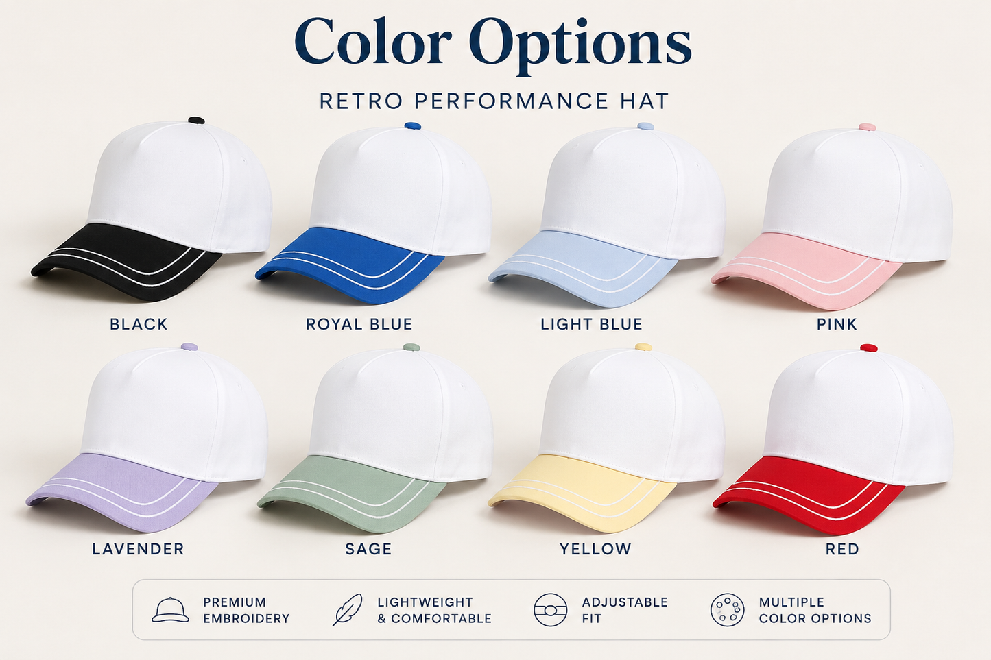 Color options for custom embroidered retro performance hats including black, blue, light blue, sage, pink, lavender, yellow, and red.