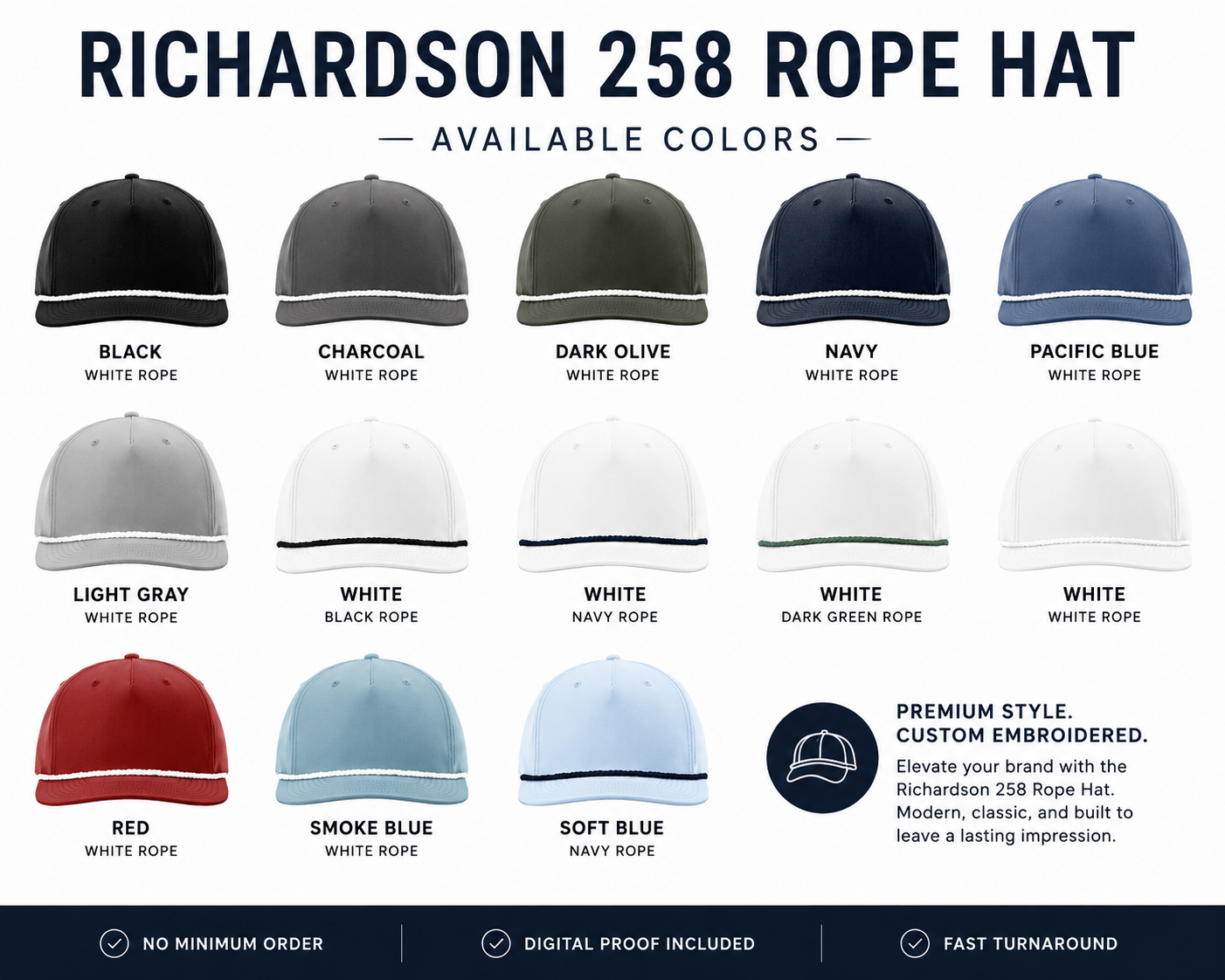 Richardson 258 rope hat available color options for custom embroidery including black, navy, white, gray, olive, red, and blue.