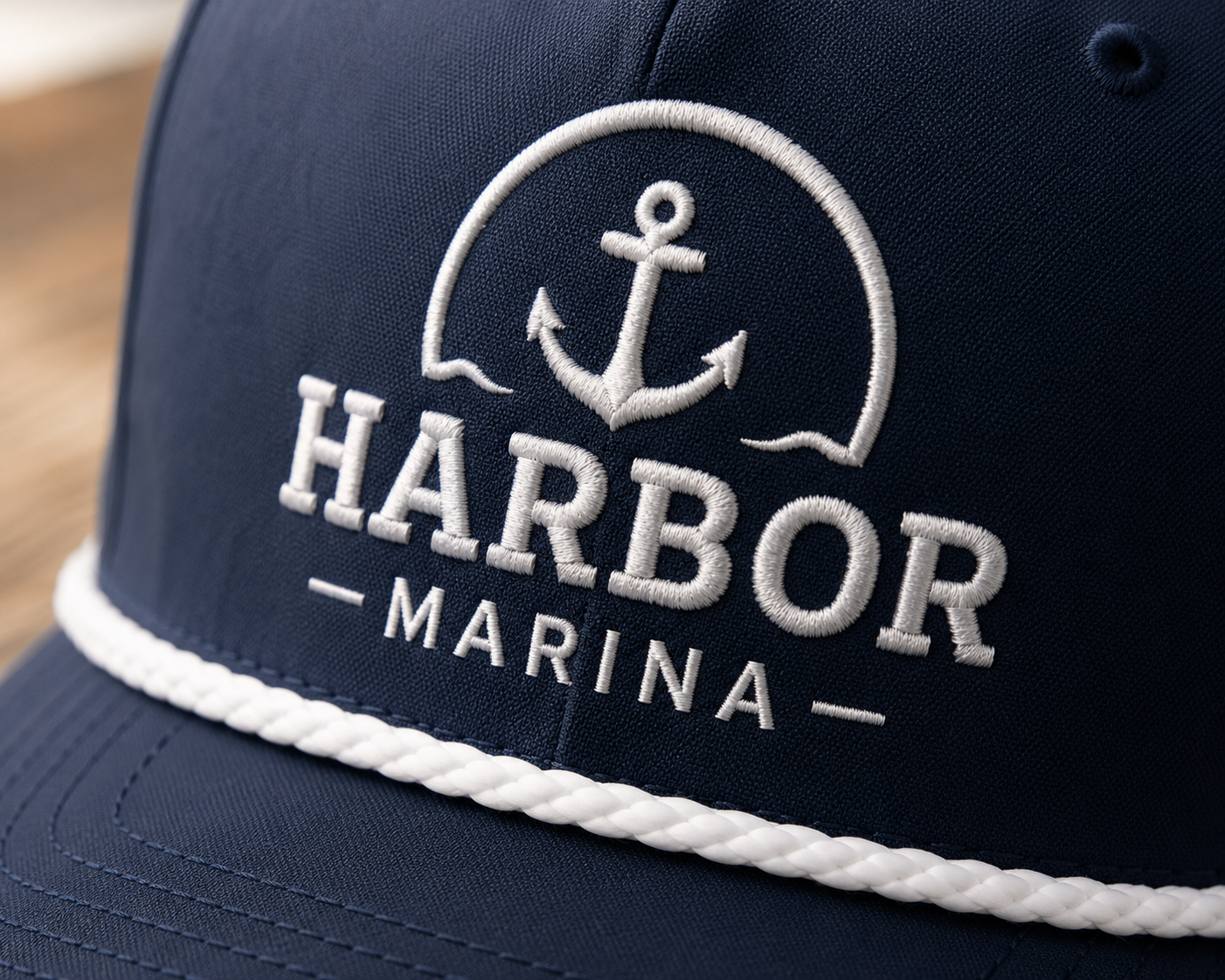 Close-up of premium embroidery on a custom Richardson 258 rope hat showing detailed company logo stitching.