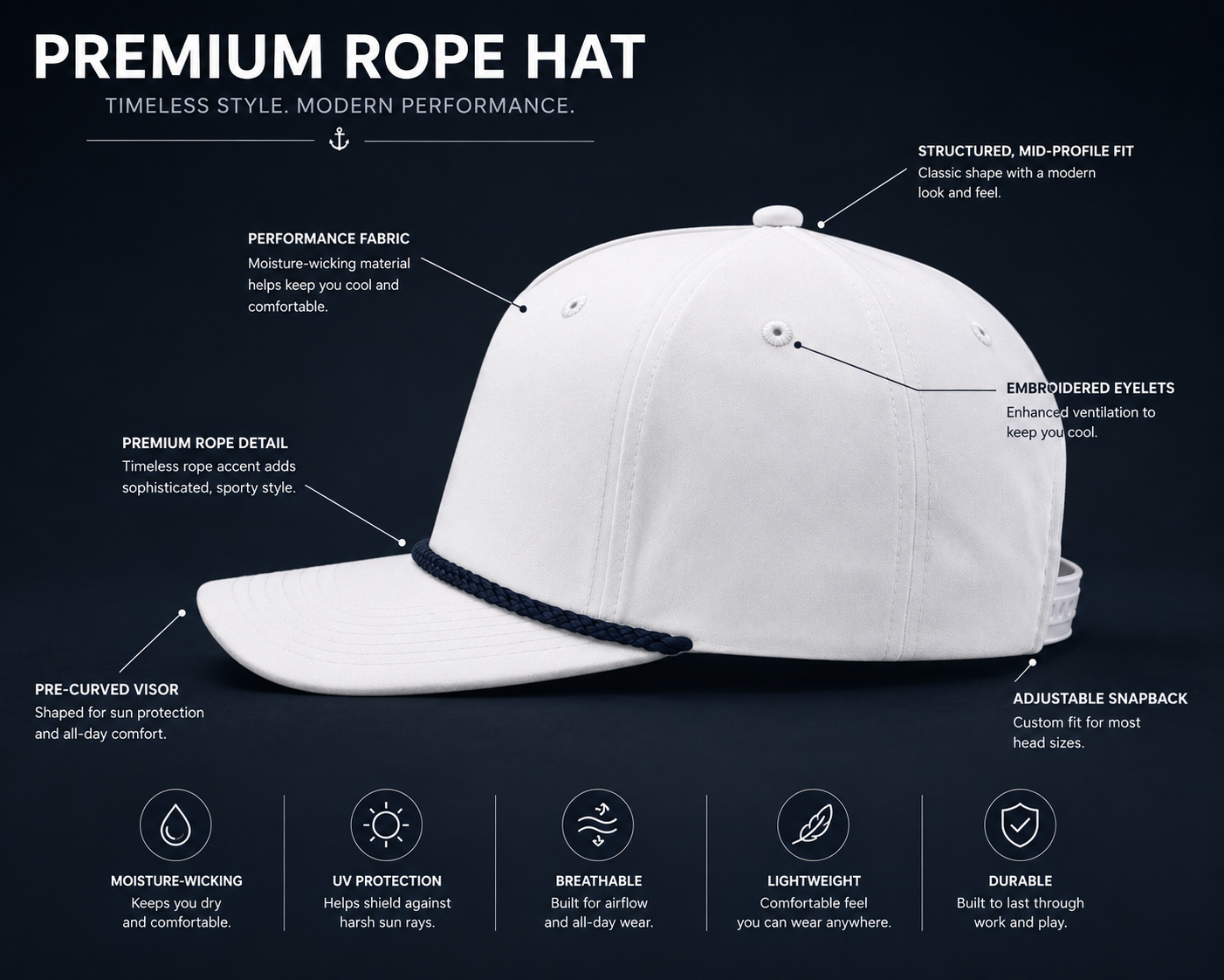 Richardson 258 rope hat features including performance fabric, braided rope detail, adjustable snapback, and structured fit.