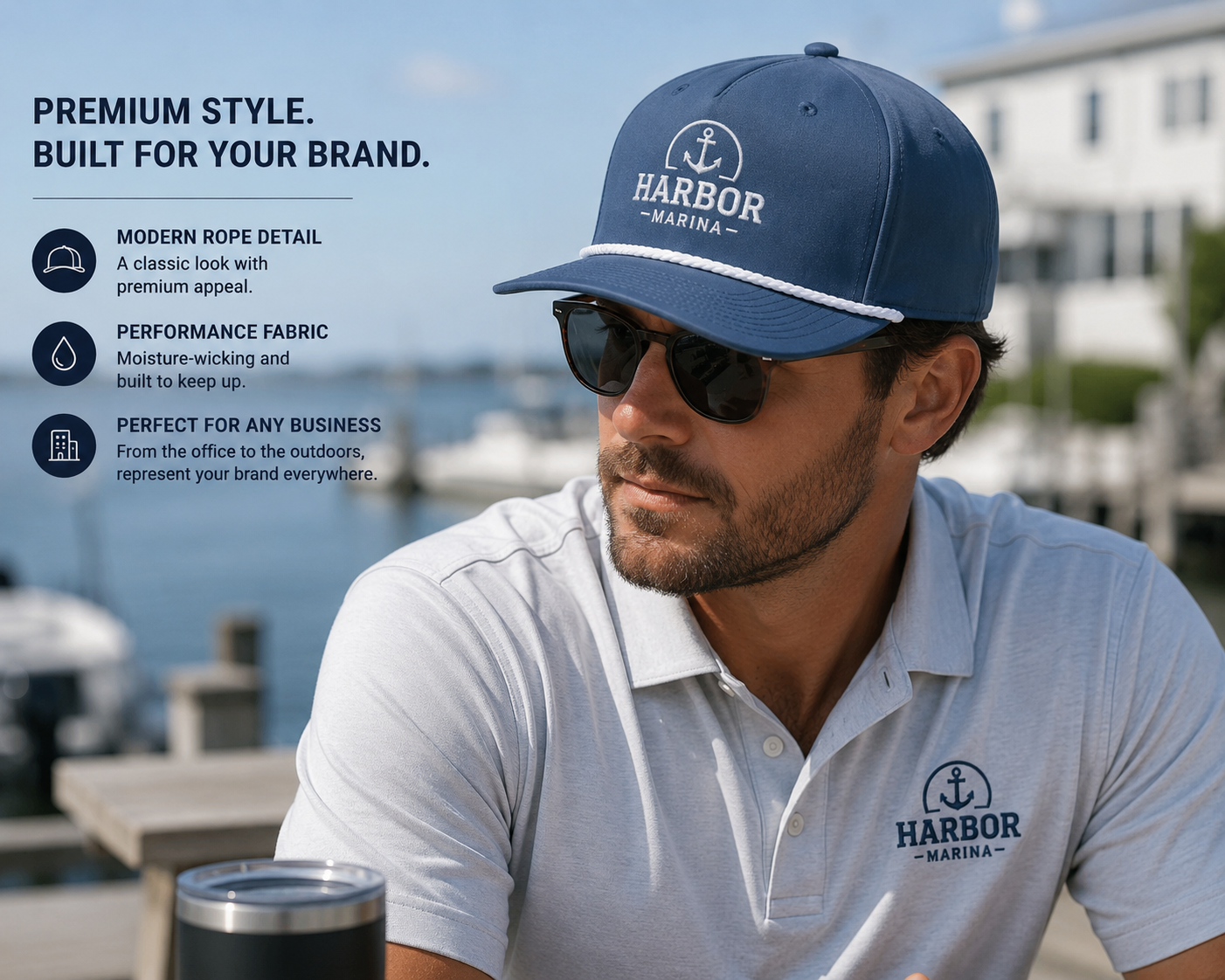 Professional wearing a custom embroidered Richardson 258 rope hat with company logo at a marina.